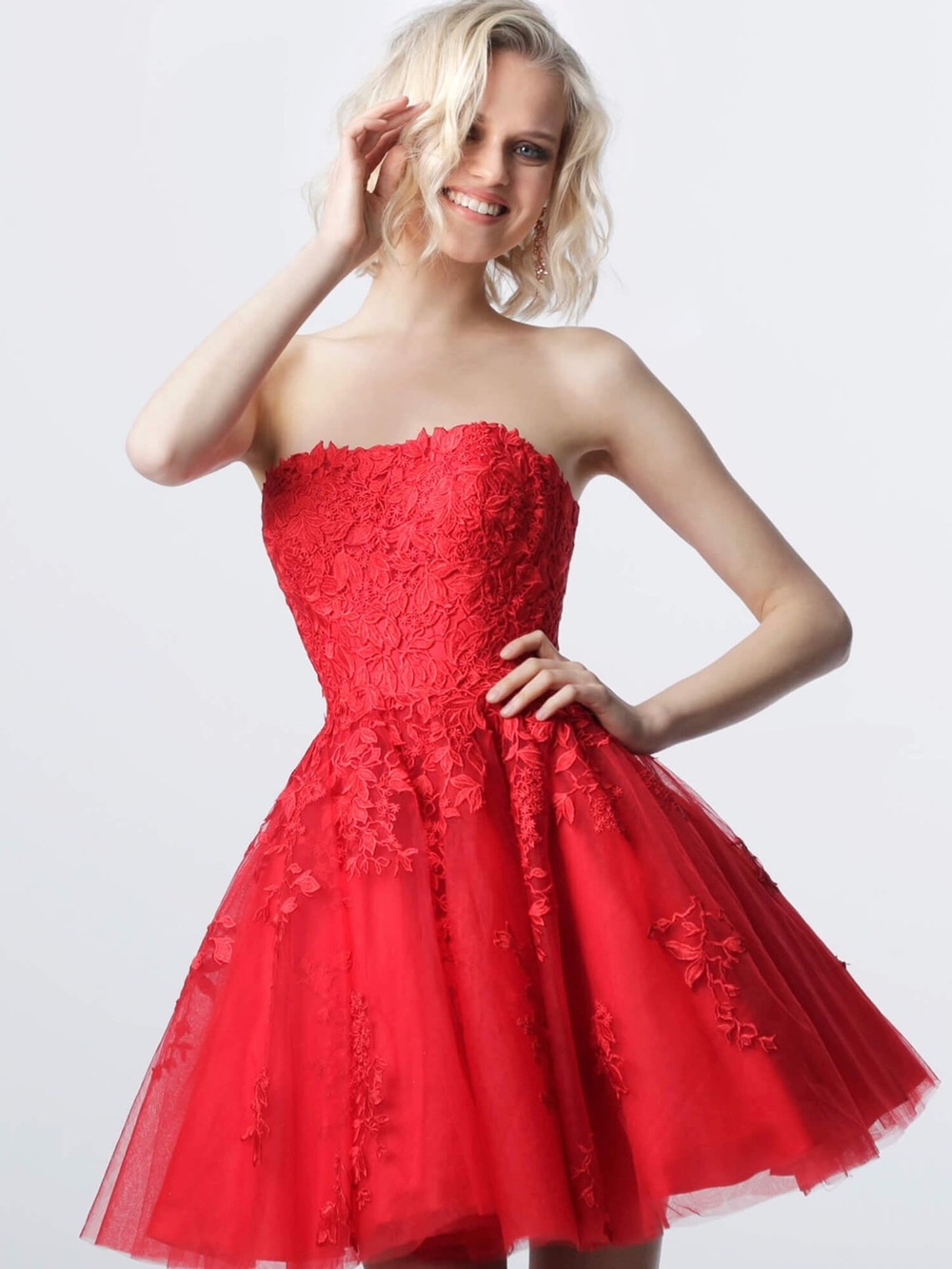 JVN Fit and Flare Strapless Lace Homecoming Dress in Red size 8 Mini Sweetheart